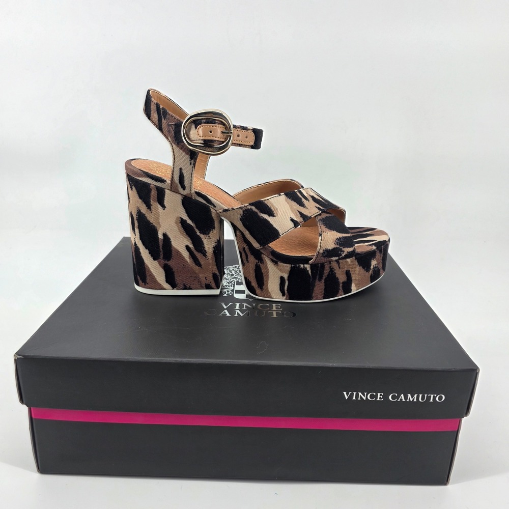 Vince‎ Camuto Deirae Leopard Print Platform Block Heel Sandals Brown Tan 8.5 M